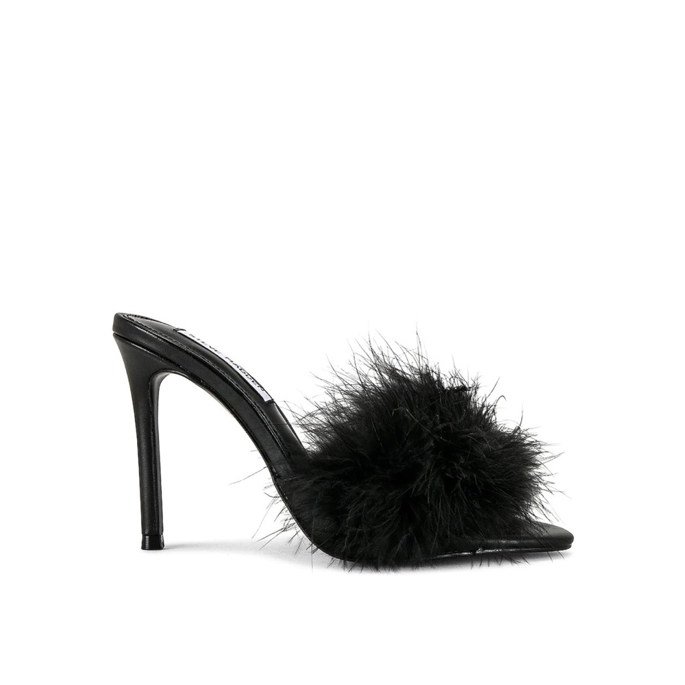 Steve Madden Spin Leather Hi Heel Feather Mule Open
Toe Heels - Black size 6